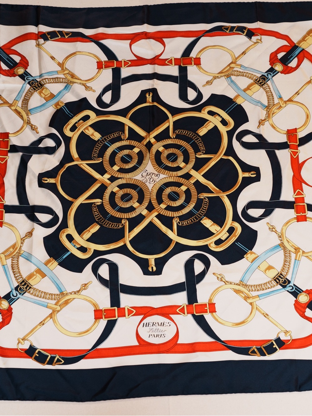 Hermès Eperon d’Or Silk Twill Scarf 90cm Navy, Red, Gold
